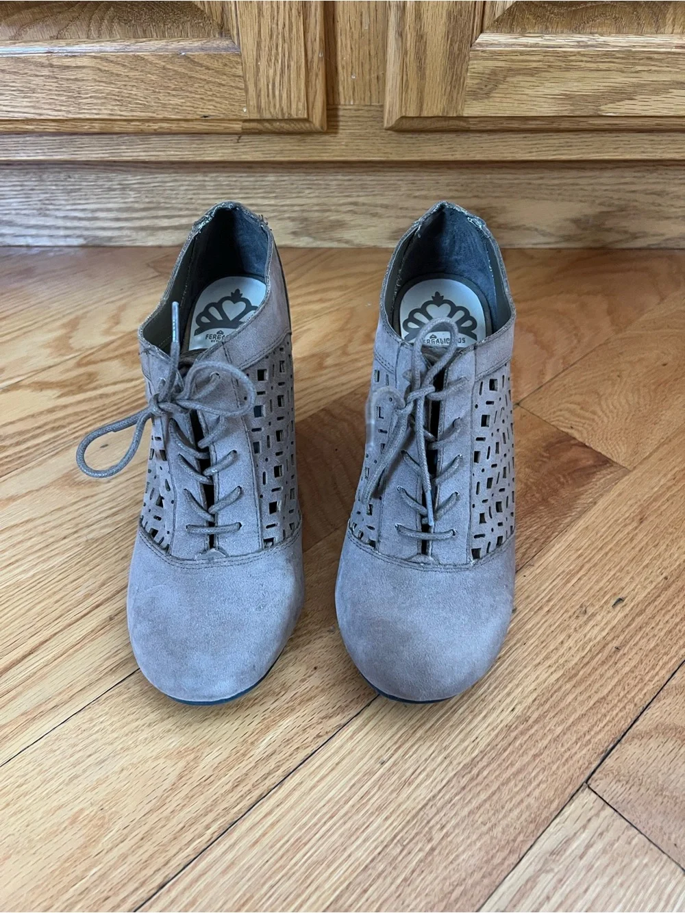 Fergie Taupe Suede Laser-Cut Lace-Up Wedge Booties